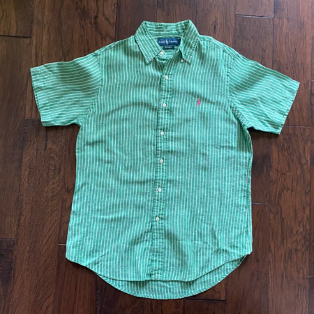 Polo Ralph Lauren Men's New Green With White Stripe Linen Short Sleeve Shirt Med